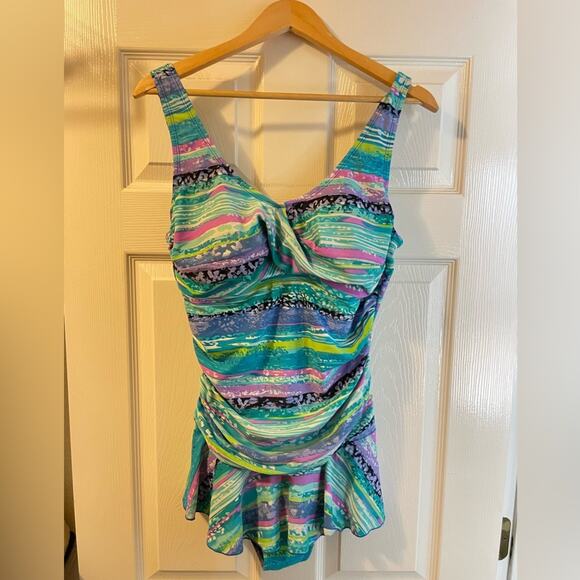 Vintage 80s/90s One Piece Swimsuit Teal Purple Women's 16 - Picture 1 of 4